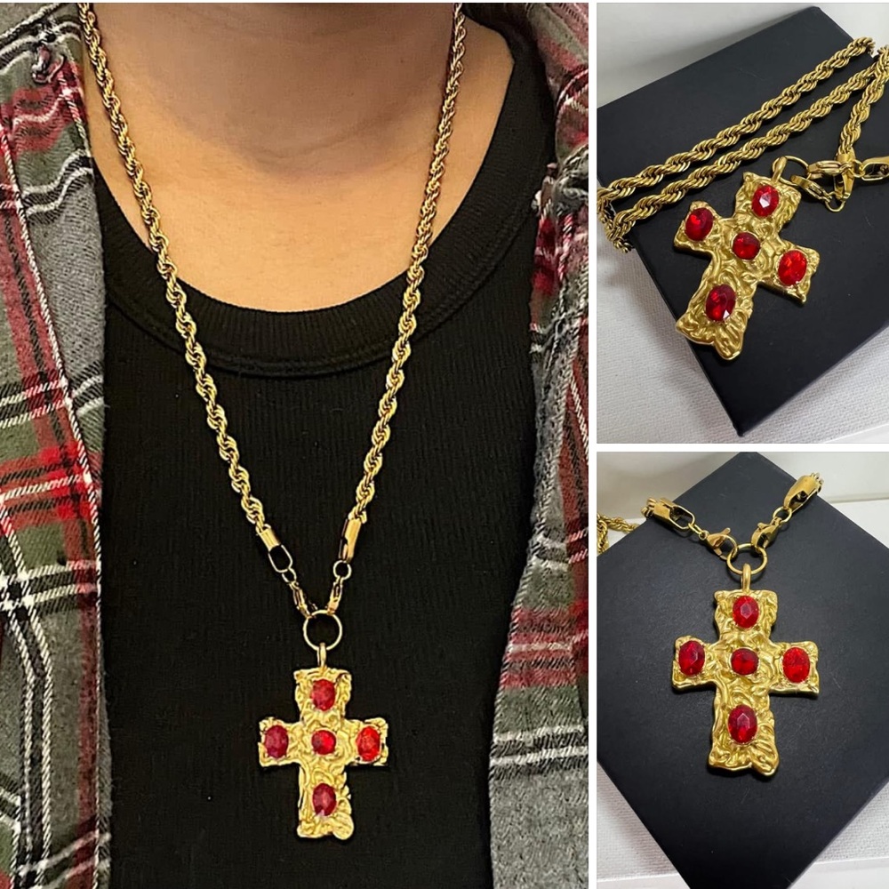 18k Gold Red CZ Cross Pendant Rope Chain - Picture 4 of 4